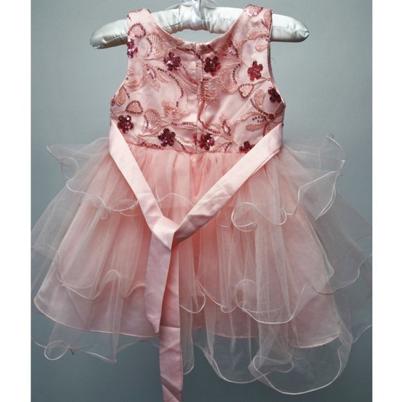 Girls Small Light Pink Tulle Tea Length Dress with Sequin Floral Print Bodice - Picture 3 of 3